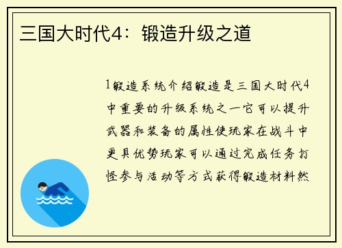 三国大时代4：锻造升级之道